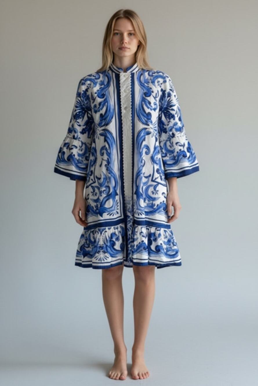 Farm Rio Blue & White  Garden Tile Print Bell Sleeve Ruffle Dress L